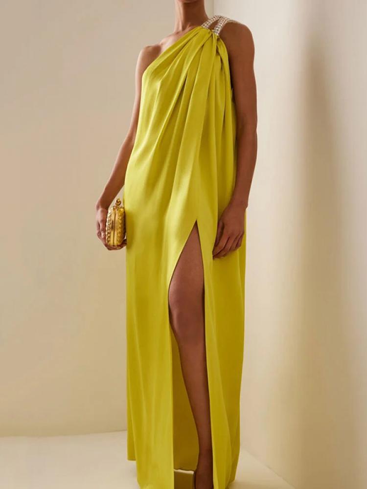 Freeacy – robe de soirée élégante pour femmes, coupe ample, jaune uni, asymétrique épaule dénudée, col licou, taille haute, ligne H, fendue sur le côté, Maxi