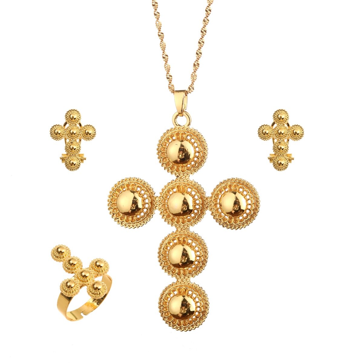 Set di gioielli con croce etiope orecchini con collana Color oro anello Habesha Africa regali di nozze: Oro-colore