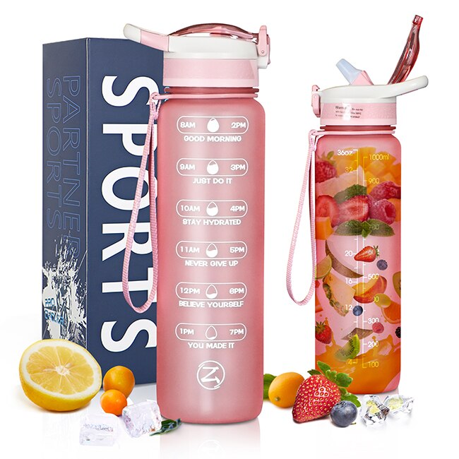 Zomake 1L/32Oz Motivatie Water Fles Met Stro & Tijd Marker, lekvrij & Bpa Gratis Flessen Water Fruit Zetgroep Voor Fitness: Rose Gold 1L