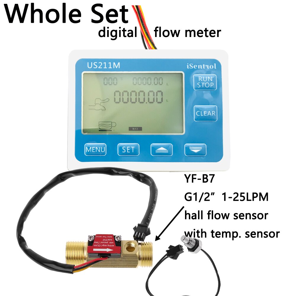 US211M Water Flow Meter and YF-B7 Hall Water Flow Sensor Brass 1-25L/min DC 24V Turbine Flowmeter with NTC50K Temperature: whole set