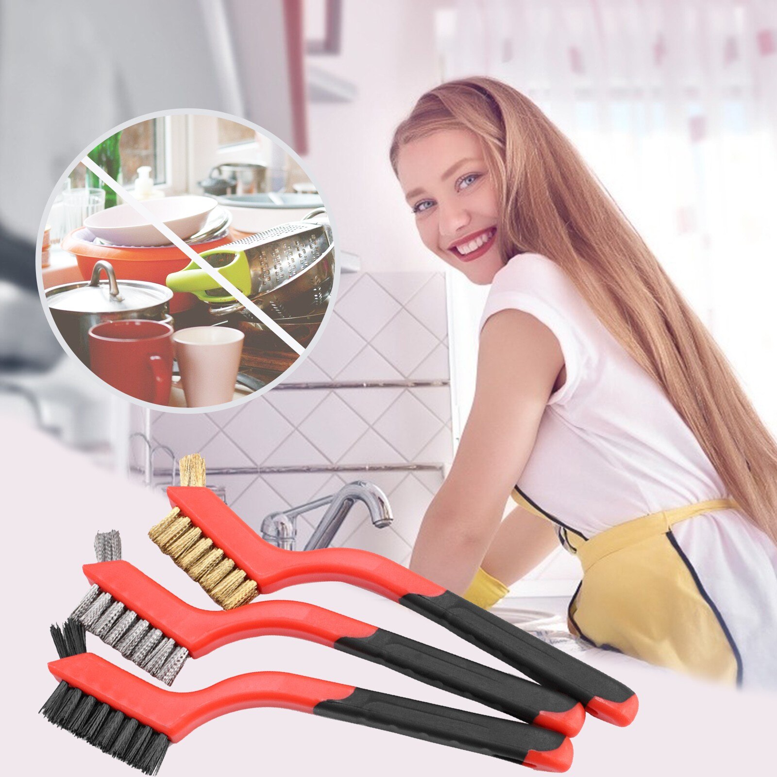 7-inch Wire Brush Set With Curved Handle For Deep Cleaning Of Dirt Polishing Grinding Cleaning Hand Tool Kitchen Supplies #40