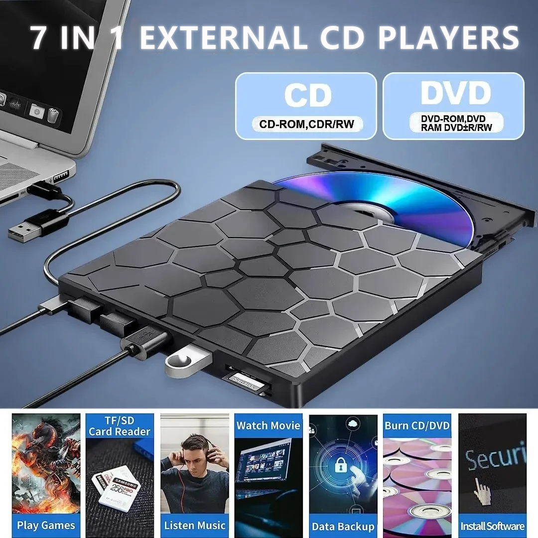 7-in-1 USB 3.0 Type-C External DVD RW CD Player Optical Drives DVD Burner Recorder Reader Disk Drive For Laptop Desktop Notebook