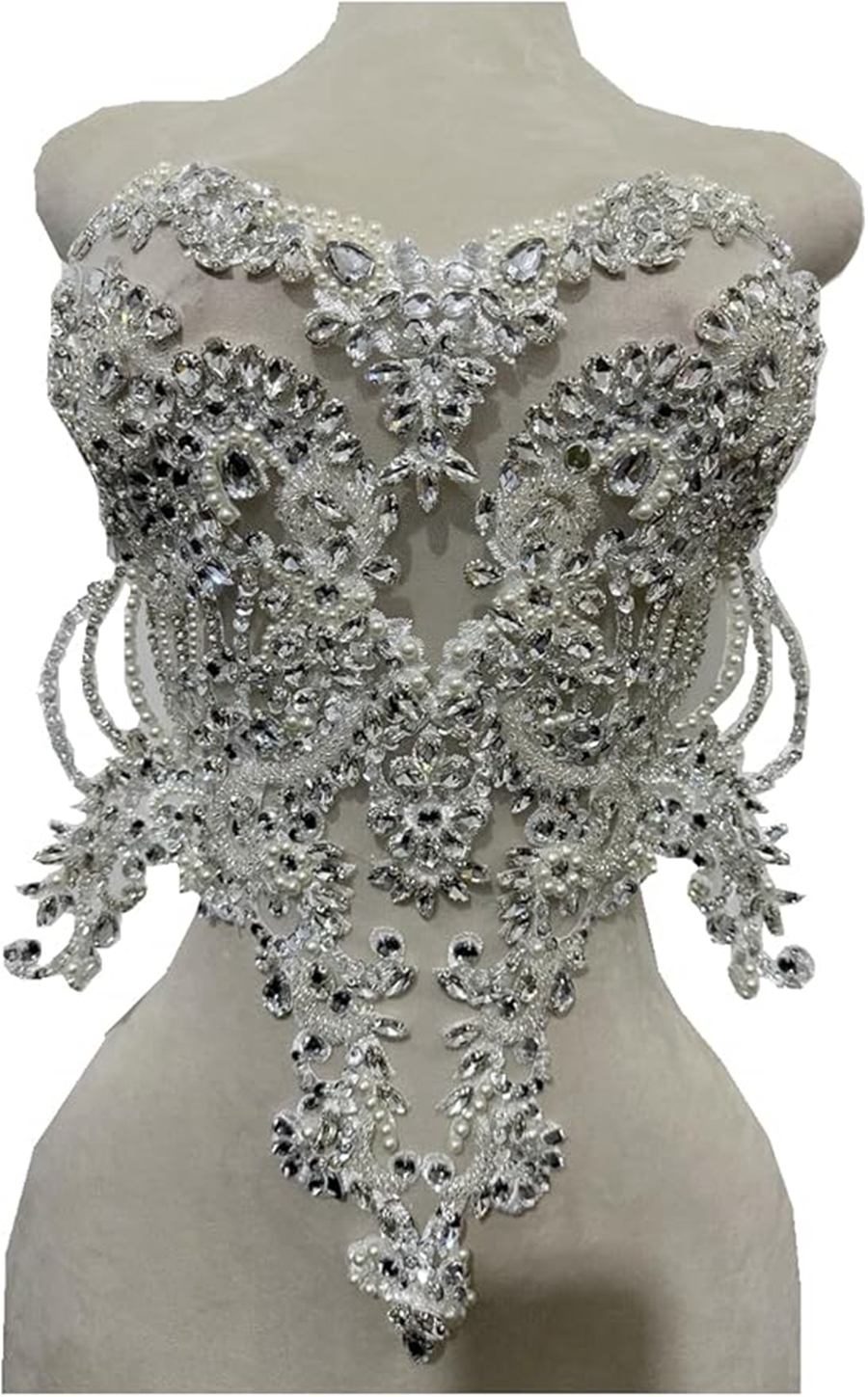 Pedrería hecha a mano dorada/azul/Verde/ren/blanca en corpiño de encaje, apliques de cuentas de costura, parches de adorno de piedras, accesorio para vestido: Blanco