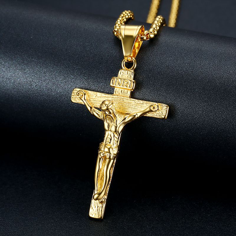 Trendy Men/women Cross Christ Jesus 316L Stainless steel Pendant Necklace Gold color INRI Crucifix Jesus Chain Jewelry Bijoux
