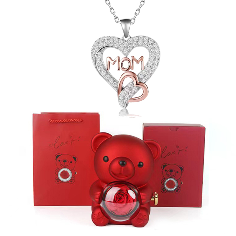 Collares con colgante de mamá de circón en forma de corazón con caja de de flor rosa de oso bonito adecuada para Navidad Día de la madre sorpresa romántica: Chapado en zinc blanco y azul
