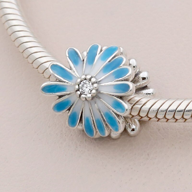 Originele Blauw Daisy Bloem Met Kristal Kralen Fit 925 Sterling Silver Bead Charm Armband Diy Sieraden