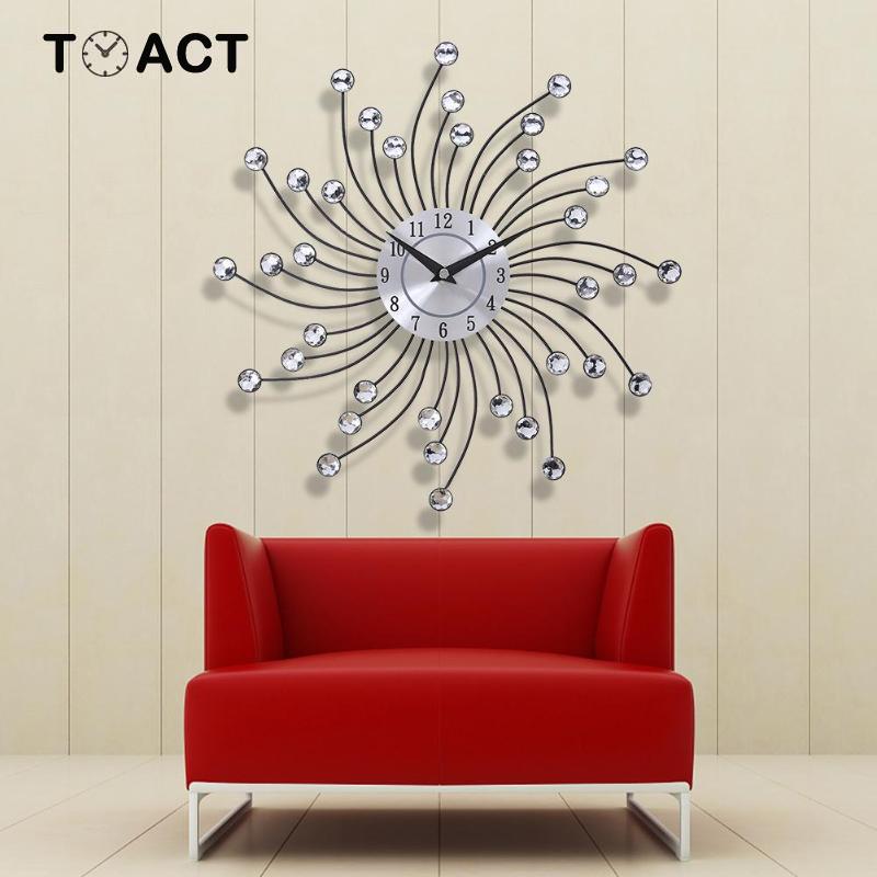 33cm Vintage Metal Crystal Sunburst Wall Clock Luxury Diamond Large Wall Clock Morden Silent Clocks for Home Decor