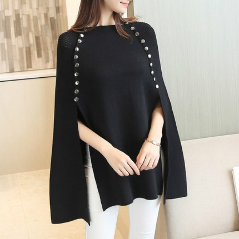 Suéter de capa de punto para mujer, jersey de otoño e invierno, ropa de calle, suéteres casuales sueltos, capas, cuello redondo, mangas de murciélago, poncho