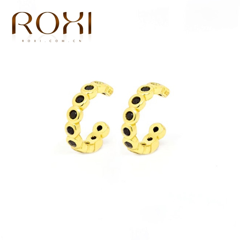 Roxi luksus rund sort zirkon kronblad snefnug klip øreringe til kvinder rund cirkel øre manchet ingen piercinger sølv 925 smykker: Et guld