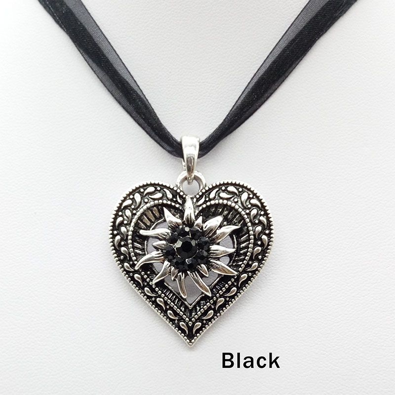 Vintage Carved Heart Edelweiss Flower Pendant Necklace Oktoberfest Beer Maid Costume Necklace Jewelry: black