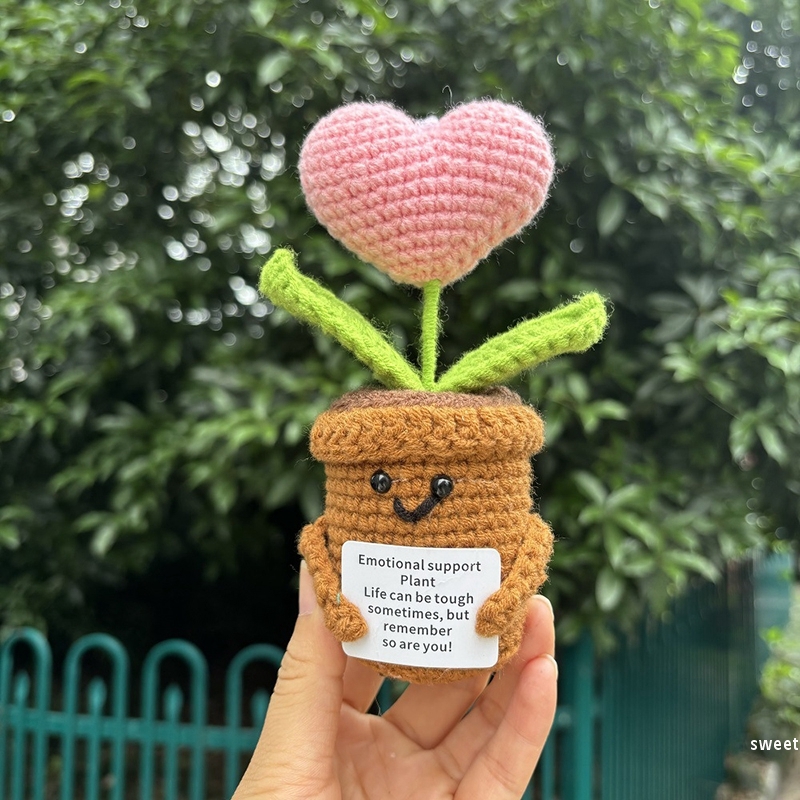 Flor de ganchillo hecha a mano, adorno de lana tejido en maceta de girasol, decoración divertida para aliviar el estrés con tarjeta positiva