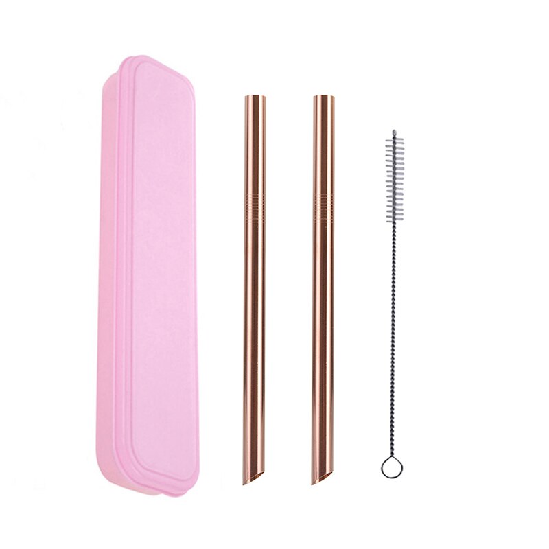 2Pcs Metall Wies Ende Stroh + 1Pc Pinsel Regenbogen Trinkhalme Wiederverwendbare Strohhalme 12mm * 215MM mit Tragbaren Box Oder Tasche: Pink Box Rose Gold