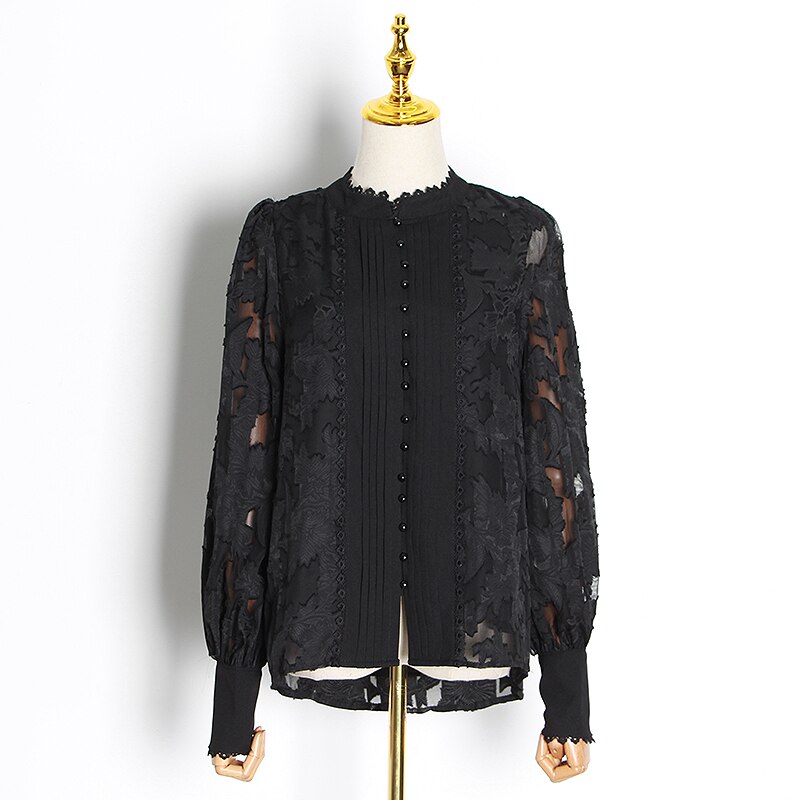 CHICEVER drucken Hemden Für Frauen Stehen Kragen Laterne Langarm Patchwork Perlen Blusen Weibliche Herbst Kleidung: Schwarz / S