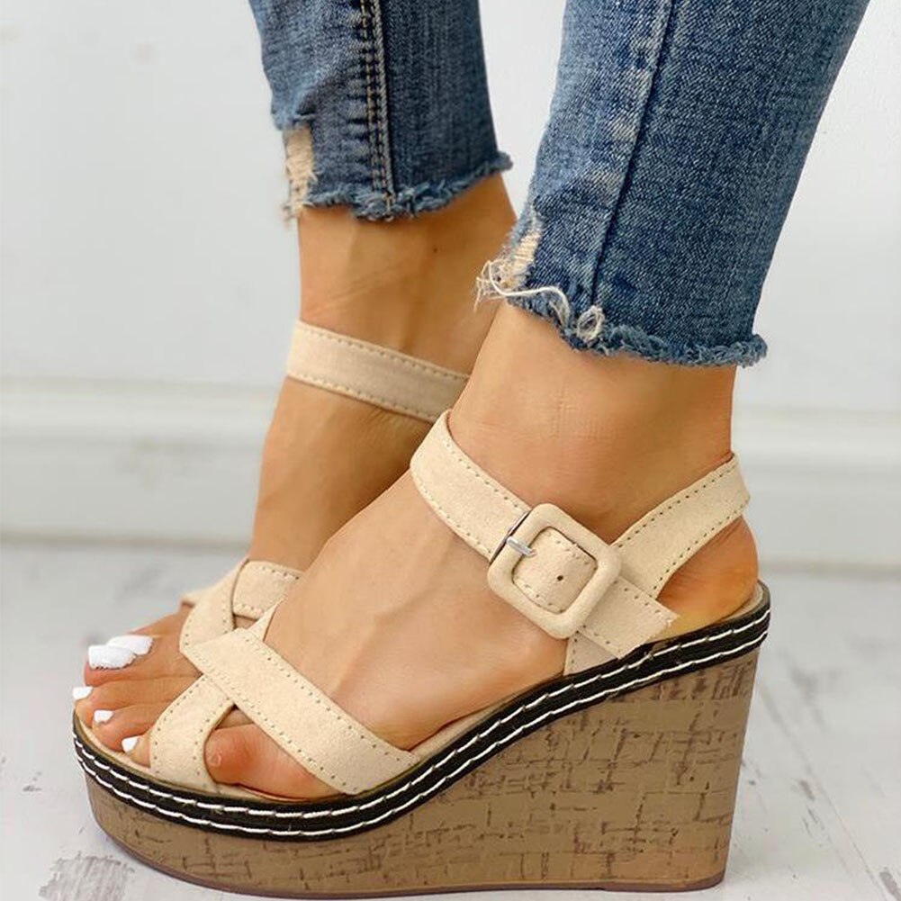 Sarairis Hoge Hakken Vrouwen Platform Enkel-Strap Leisure Zomer Wiggen Sandalen Vrouw Schoenen: Beige / 5