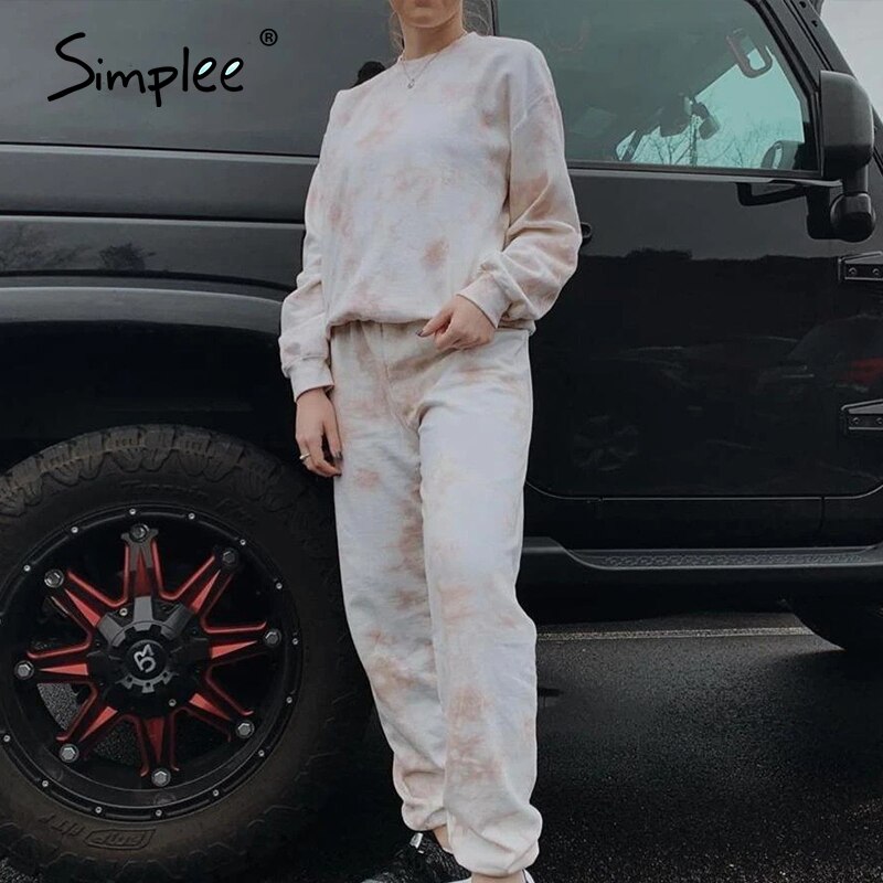 Simplee plus size efterår vinter kvinder jakkesæt tie dye 2 pecs jakkesæt afslappet dame streetwear høj oversize sæt jakkesæt