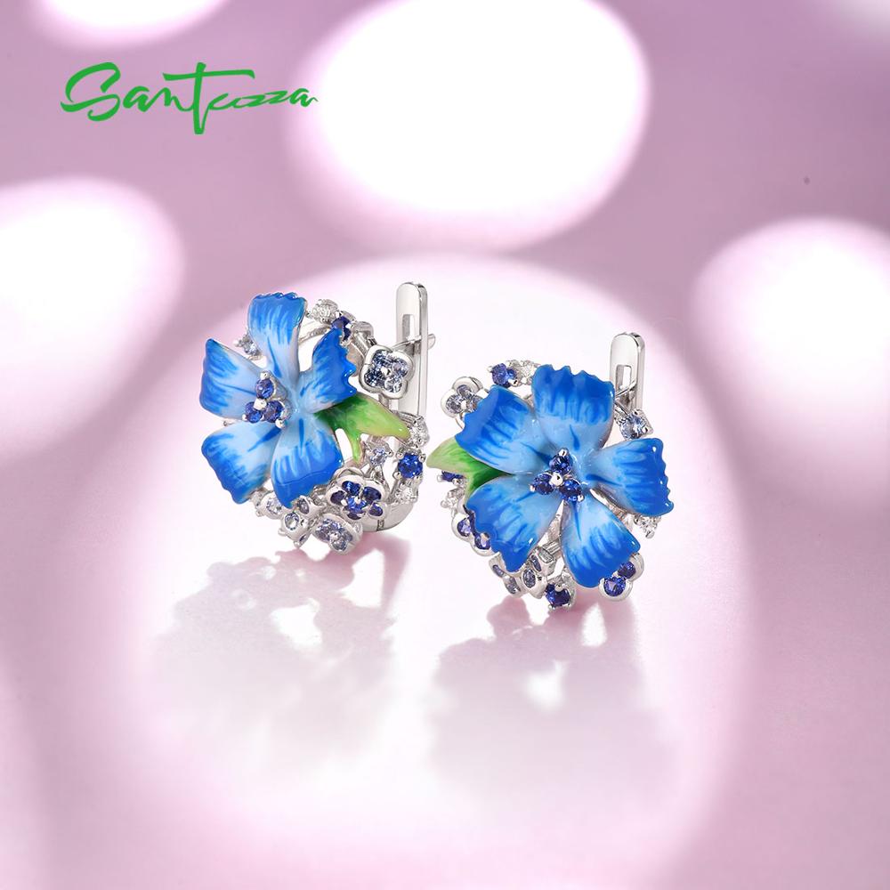 SANTUZZA Silver Earrings For Women Pure 925 Sterling Silver Blue Flower Trendy Party Fine Jewelry Handmade Enamel