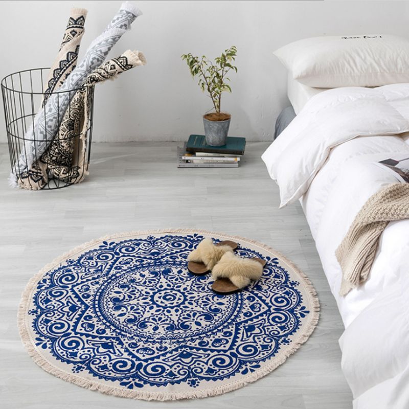 Marokko runde tæppe boho stil kvast bomuldsstof tæppe måttedør tæppe dekor håndvævet kvast retro dekorativ: Porcelæn