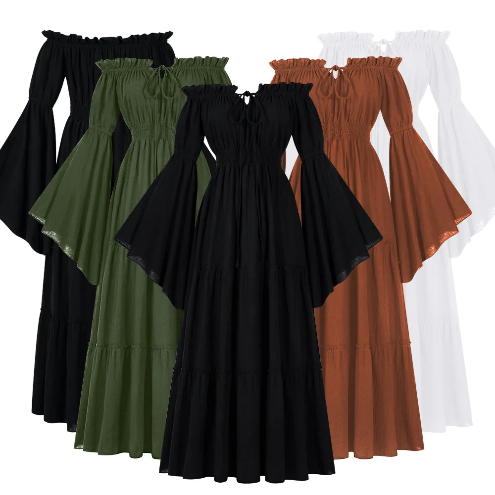 Damen Renaissance irisches Kleid, schulterfrei, mittelalterliches Bauernkleid, Piratenkostüm, Dirne, Retro-Kleid, gesmokte Taille, Maxi-langes Kleid