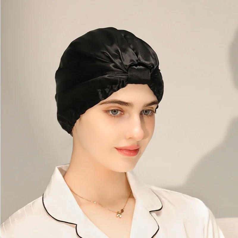 Berretti da notte in pura seta Cofano da notte in seta di gelso Cappello per la perdita dei capelli Turbante in seta naturale per capelli Copricapo in seta per dormire per le donne: nero