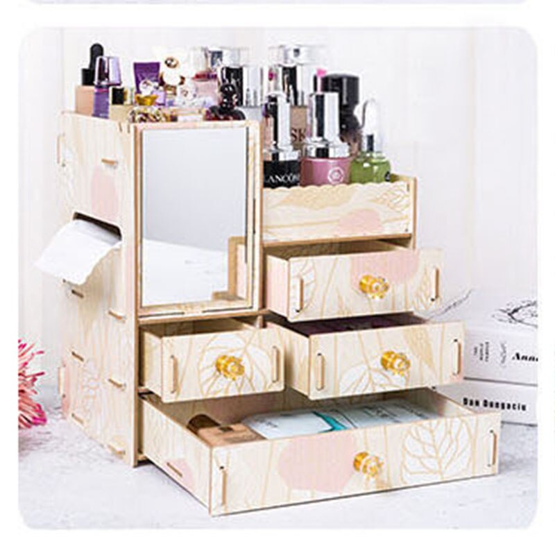 Organizador de maquillaje de madera con espejo, cajón de escritorio, organizador de cosméticos para mujer, tocador, lápiz labial, Perfume, caja de almacenamiento de joyería: Autumn leaves
