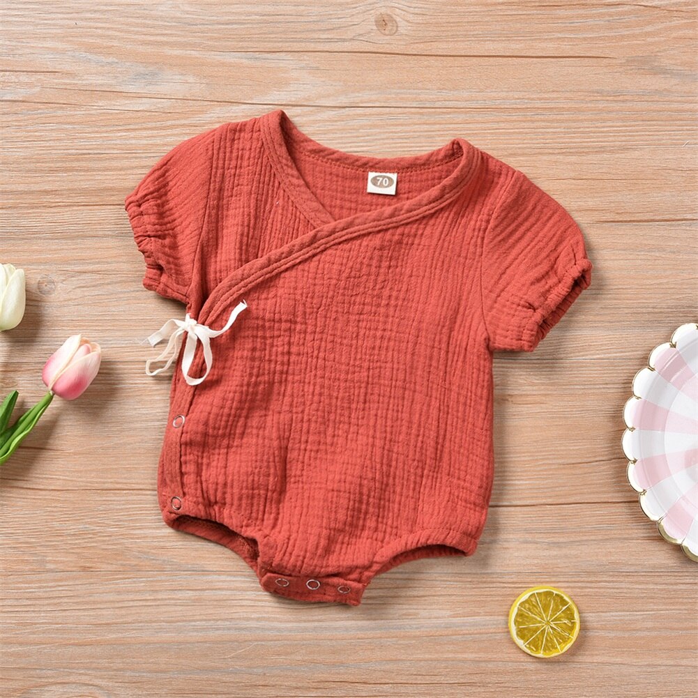 Barboteuse unie à manches courtes pour -né garçon et fille, combinaison en coton à lacets, tenue de soleil, vêtements, 4 couleurs, 0-18M: D / 18M