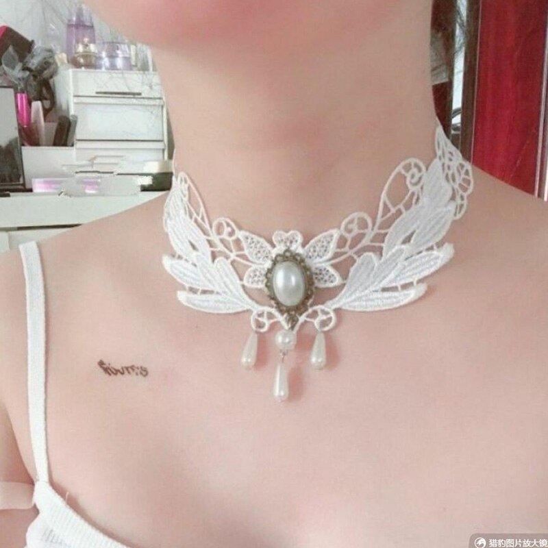gotisch Klassische Charme Weißen Kragen Frauen Spitze Kragen Handgemachten Partei Samt Spitze Jahrgang Halsband Halskette Für Frauen Kragen: C1736
