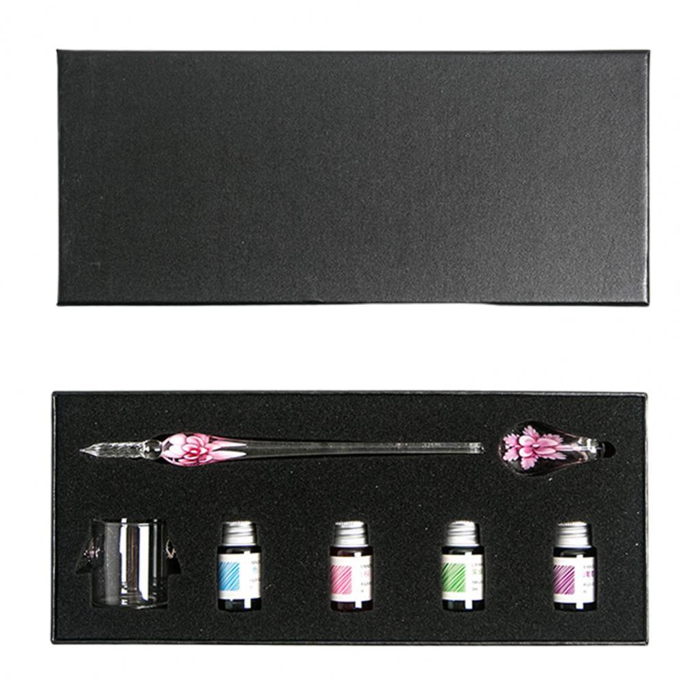 1 Set Glass Dip Pen with Ink Floral Glossy Fountain Pen Kit Smooth Writing Threaded Nib Crystal Ink Pen Set перо для письма 글라스펜: 7 Pink