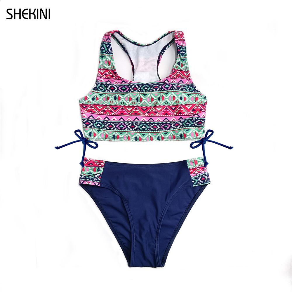 SHEKINI Girls Racerback Print Swimwear Ruched Tie Side Teenage Girls Bikini Set Bathing Suit Two Piece Swimsuits Teen Beachwear