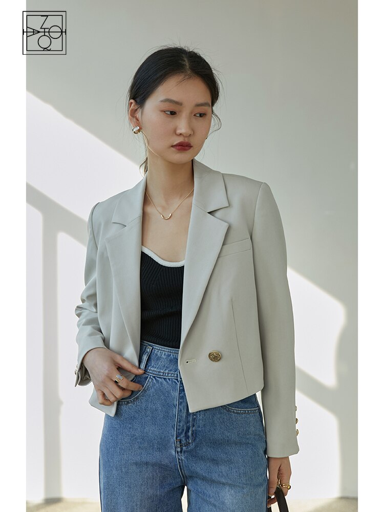 ZIQIAO – veste de costume japonaise à col complet et manches régulières, blazer court, ample, avec broche détachable, solide, à Double boutonnage, pour femme de bureau