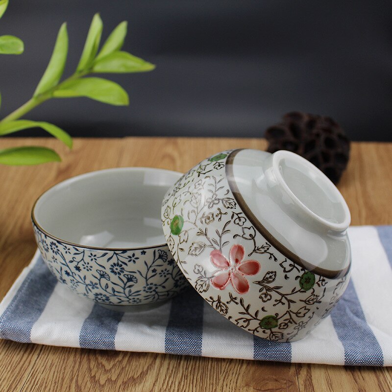 Japanese-style Plates And Bowls Round Floral Ceramic Plate Household Dinner Dishes Rice Soup Noodles Bowl Tableware