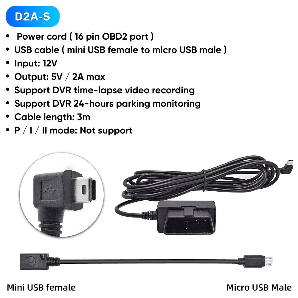 Deelife OBD2 Hardwire Kit for Car DVR Mirror Camera Dash Cam Parking Guard Cable 12V 24V to 5V Mini Micro USB Hard Wire: D2A-S