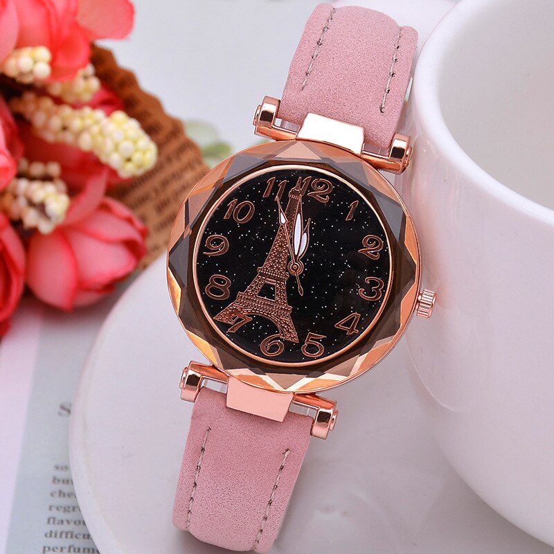 Casual Starry Sky Watches for Women Leather Band Ladies Quartz Wrist Watches Women Watches Laides Clock Relogio Feminino: Pink Color