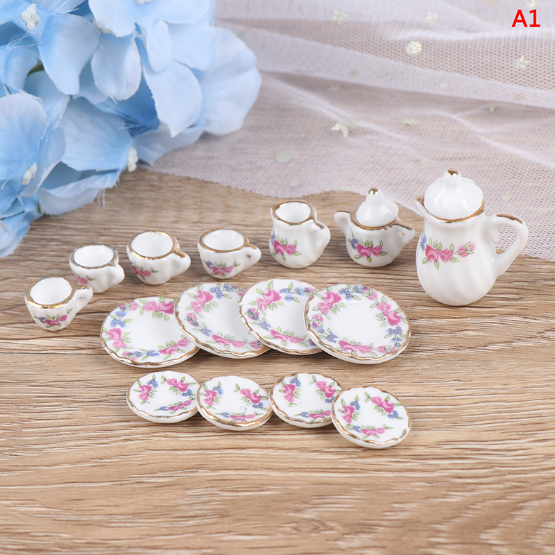 1:12 Miniature 15Pcs Porcelain Tea Cup Set Chintz Flower Tableware Kitchen Dollhouse Furniture Toys For Children: A1