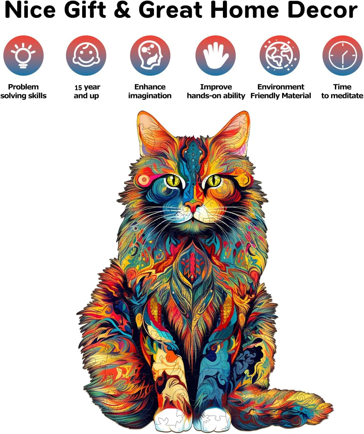 Rompecabezas de madera de arte de gato colorido: forma animal irregular única, alta dificultad, juguete para mejorar el cerebro