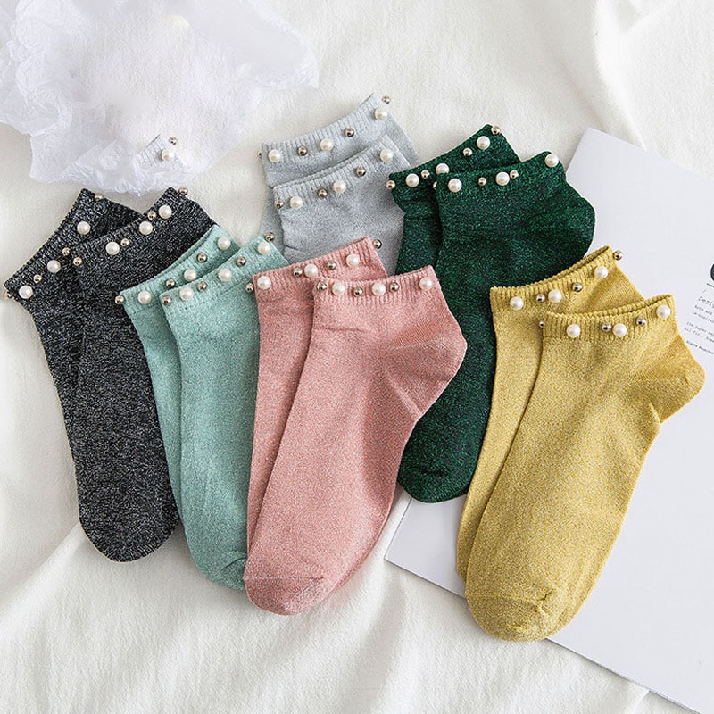 Harajuku enkelsokken zilveren zijden parel damessokken zomer herfst dames katoenen korte sokken