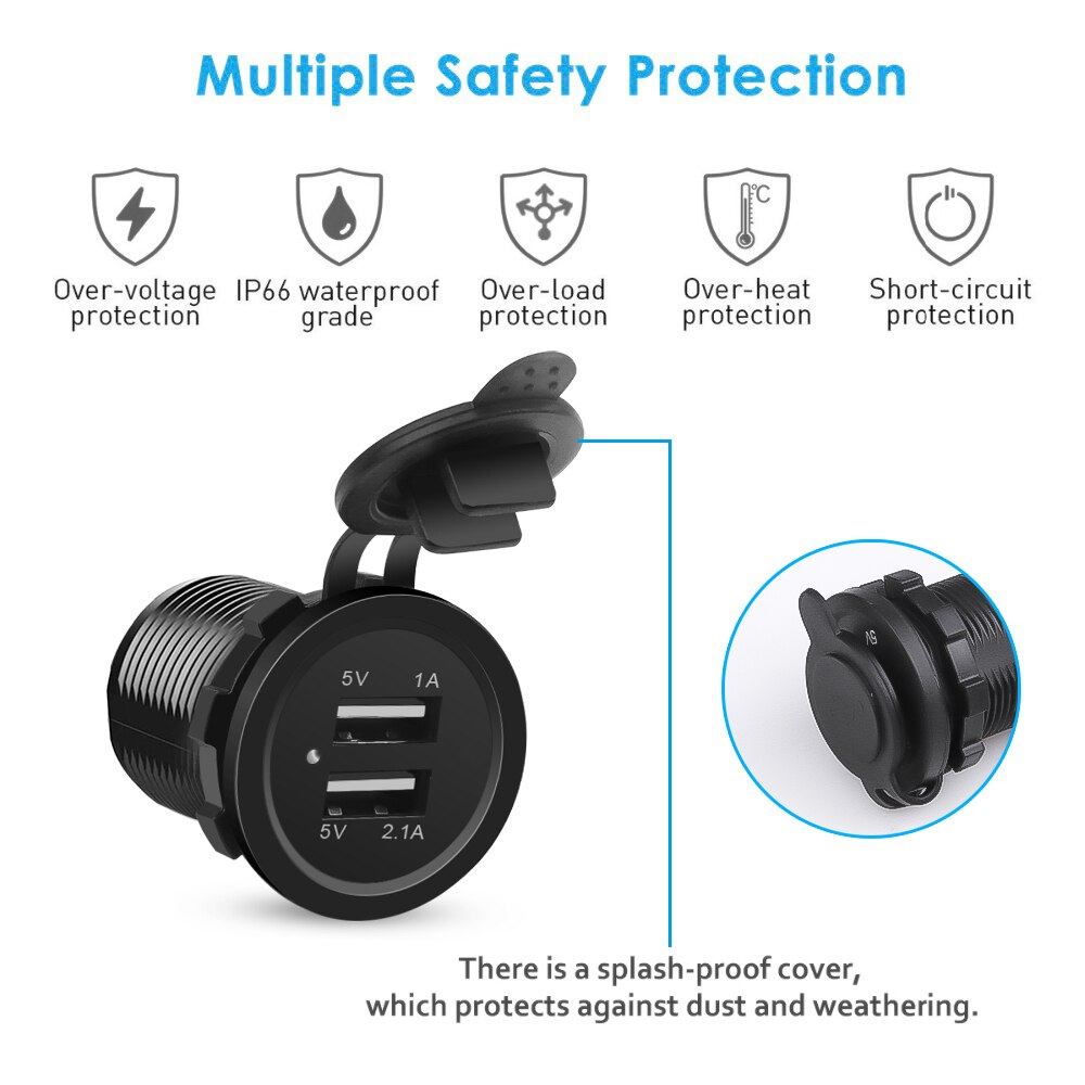 Kebidu-encendedor de cigarrillos Universal, cargador de coche DC12V-32V, cargador USB doble resistente al agua de vehículo USB, 2 puertos, 5V, 2.1A/1A
