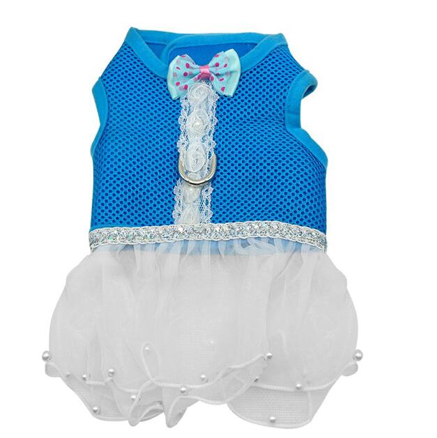 Conjunto de arnés y correa de malla para perro, en 5 colores, con pajarita, para perros pequeños y gatos, collar de arnés, falda de tutú de encaje para mascotas, chaleco, arnés, ropa, suministros: Azul / Metro