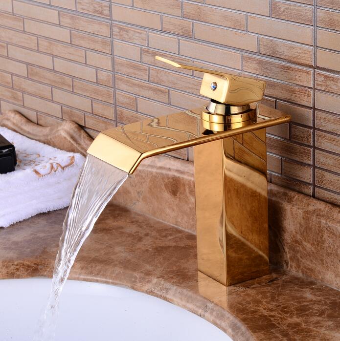 waterval brede uitloop golden Stijl Messing Kraan Enkele Handgreep Warm en Koud mengkraan Water tap 9962