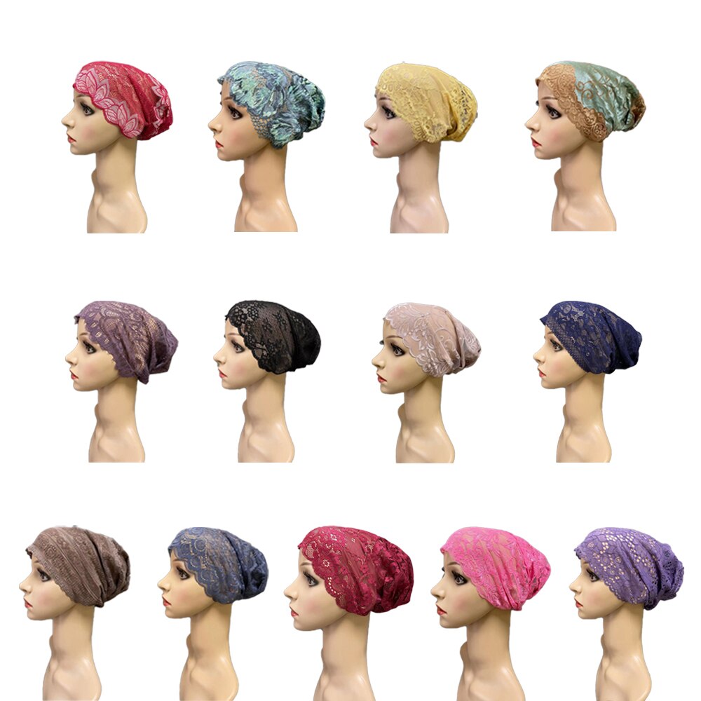 Gorro de tubo de cobertura completa para mujer, gorro interior musulmán con flores de encaje, pañuelo para la cabeza, sombrero islámico árabe, gorrito indio, turbante