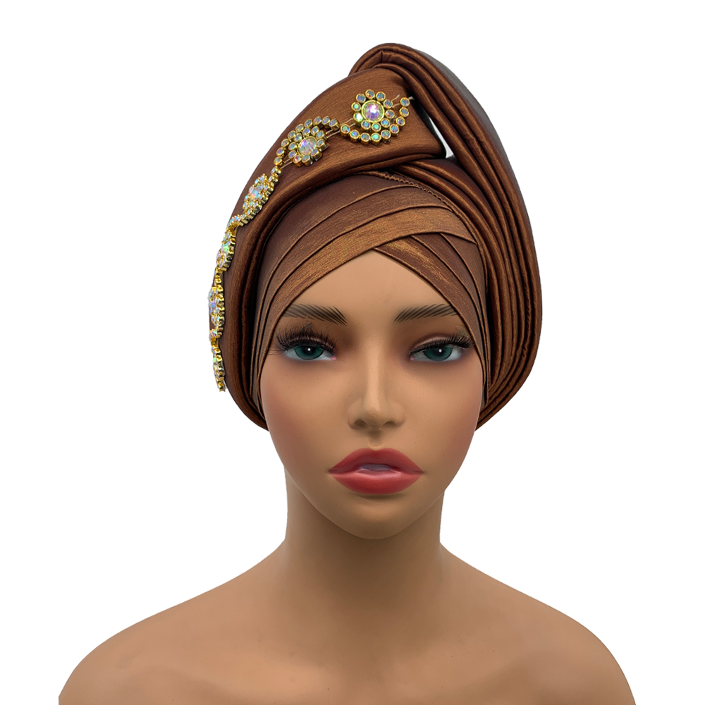 Diamanter turban kasket til kvinder afrikansk dame hovedbeklædning nigeria auto gele hovedbind bryllupsfest hovedbeklædning turbante mujer: Lce grå