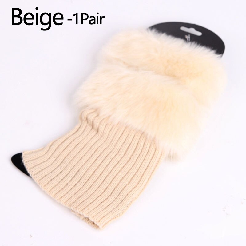 Herfst winter effen kleur casual dames gebreide laarzen manchetten bont gebreide warme beenwarmers laarzen sokken beenwarmers schoenen set kerst: Beige