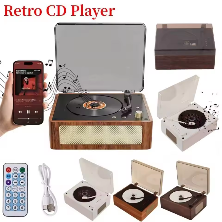 Retro CD Player Rechargeable Wireless Bluetooth 5.0 Speaker Portable Home Music Player USB 3.5mm AUX Desktop CD Player for Phone