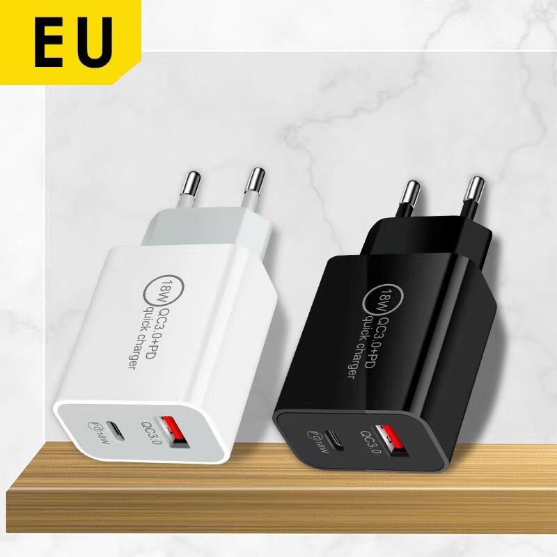 QC3.0 Pd 18W Dual-Port Fast Charger Type-C Opladen Hoofd Voor Apple Android Toegepast Snelle Lading protocollen Intelligente Lading Gan: EU