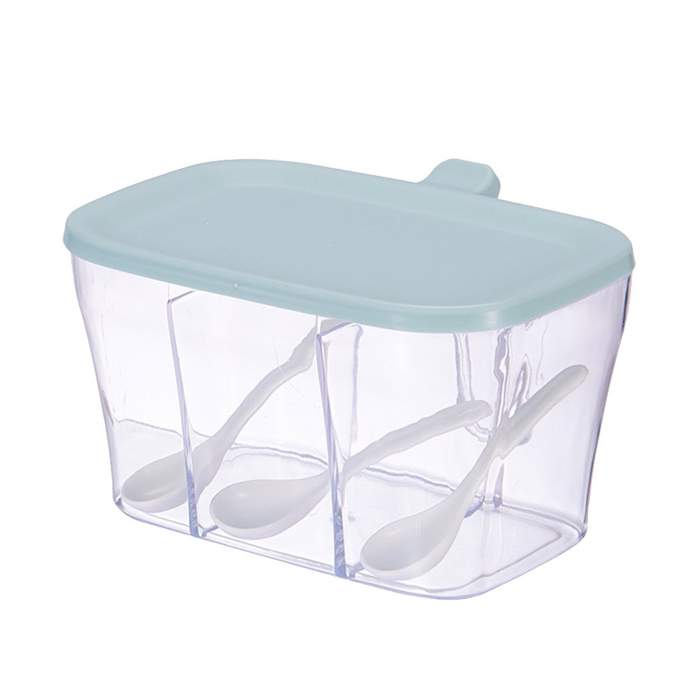 Transparent Organizer 3 Compartment Cooking Condiment Seasoning Box Storage Spice Jar Herb With Spoon Lid Durable Container