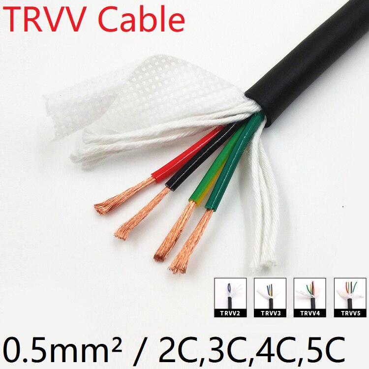 Square 0.5mm TRVV Towline Cable 2 3 4 5 Core Sheath Copper Wire Soft PVC Insulated Power Drag Chain Line Bend Resistance Black
