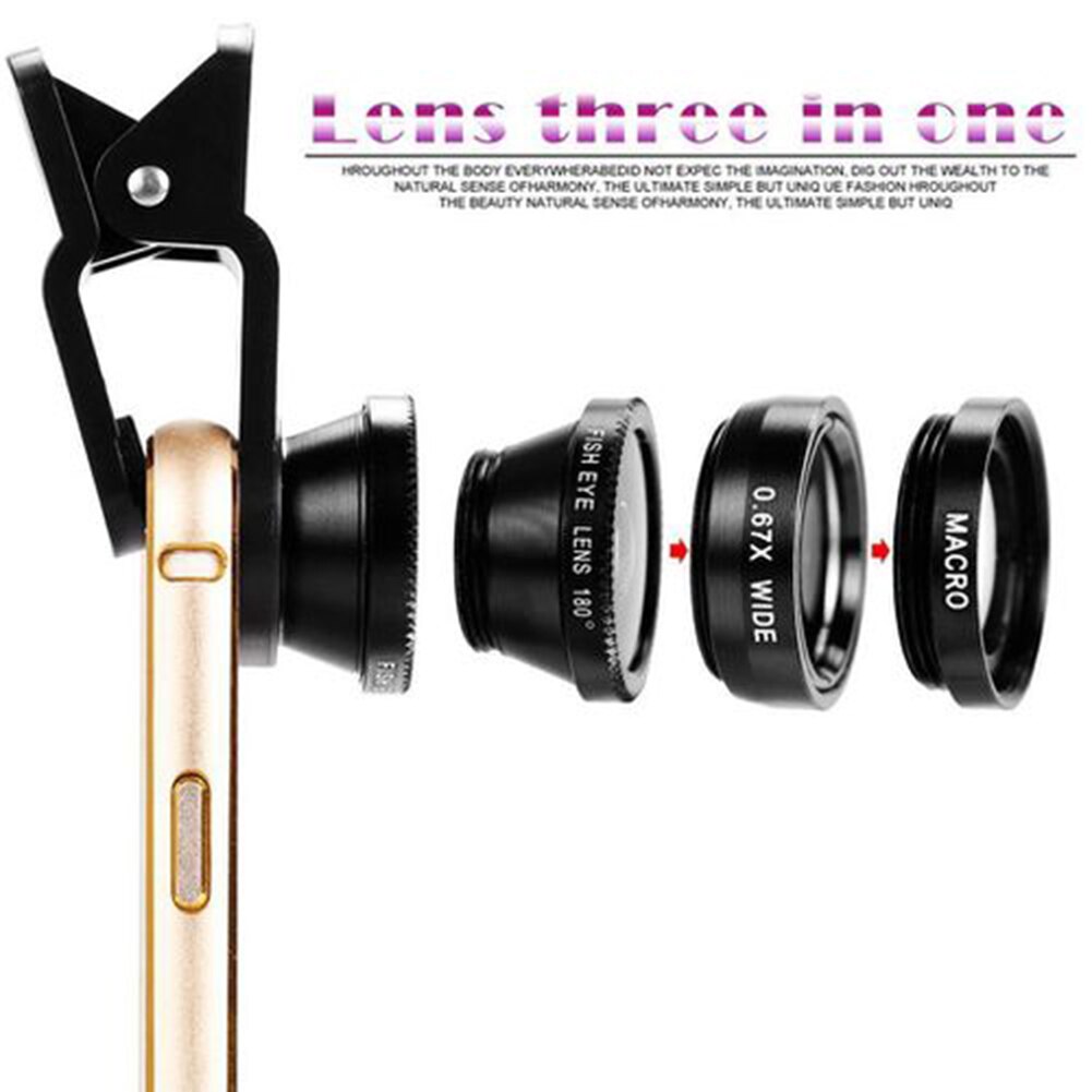 3 In 1 Mobiele Telefoon Lenzen Fish Eye Groothoek Macro Camera Lens Set Universele Clip Foto Accessoire