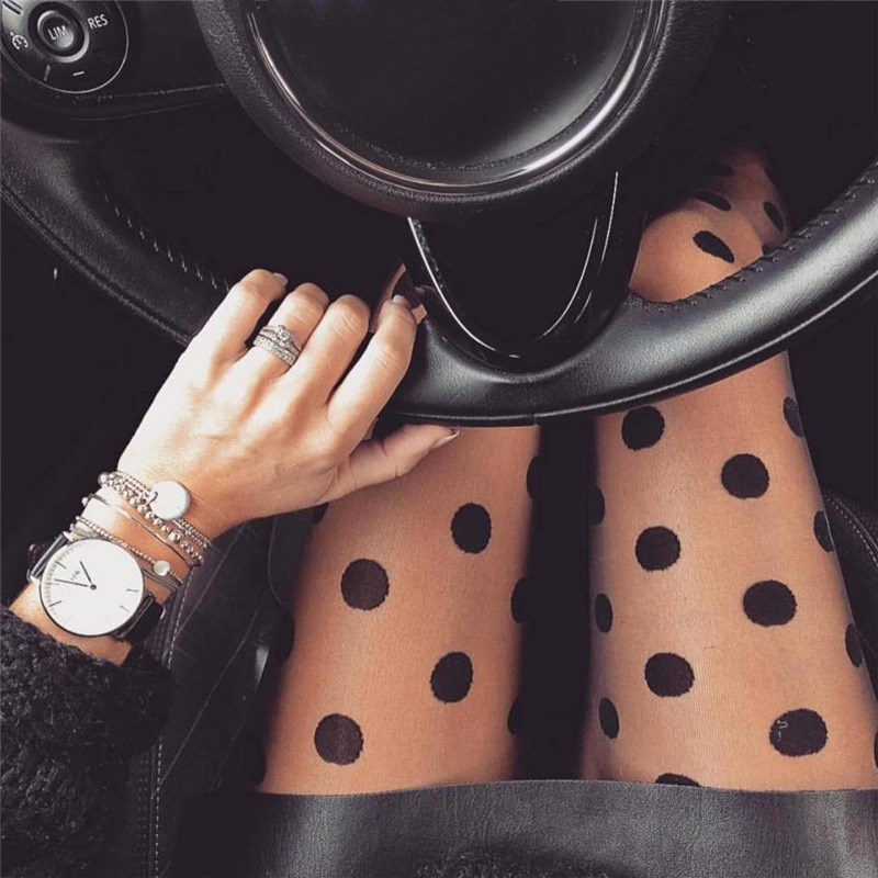 Medias con estampado de lunares para mujer, medias sexys de malla de rejilla sin costuras de nailon, negro y blanco, medias de seda para discoteca