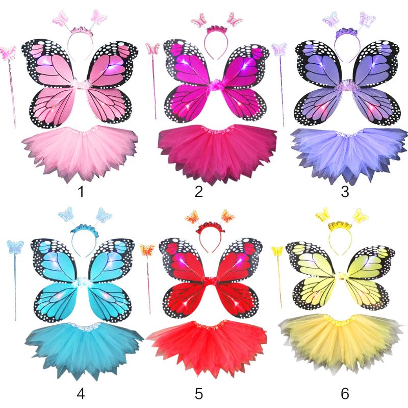 Adulte enfants 4 pièces ensemble de costumes de fée LED Simulation ailes de papillon pointu Tutu jupe bandeau baguette princesse filles fête habiller