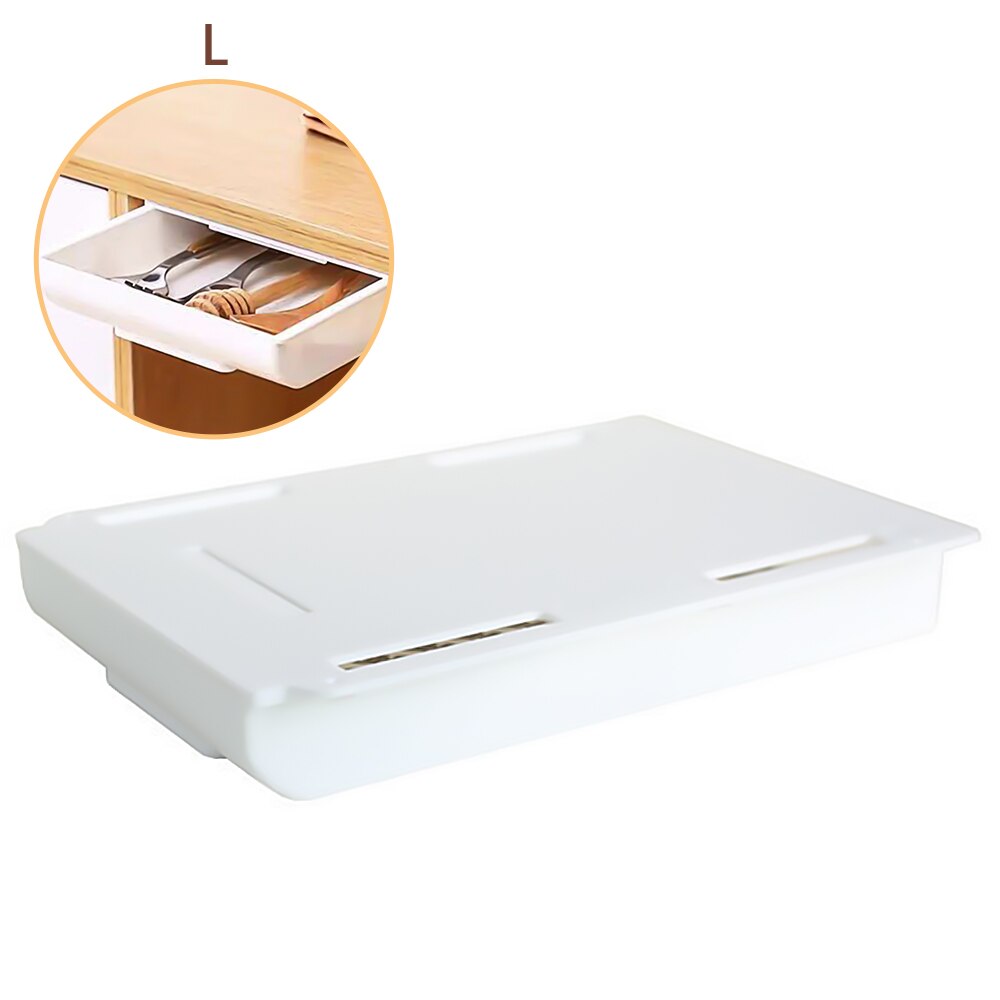 Creativity Self Stick Desk Drawer Hidden Storage Box Stationery Case Pencil Tray Pen Holder Makeup Organizer For Office Home: White  L