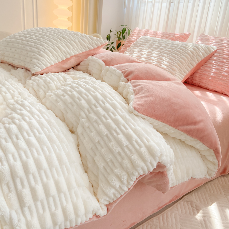 WOSTAR Artificial rabbit fur duvet cover 220x240 luxury double bed quilt cover warm winter velvet fleece bedding set king size: Full / WHITE